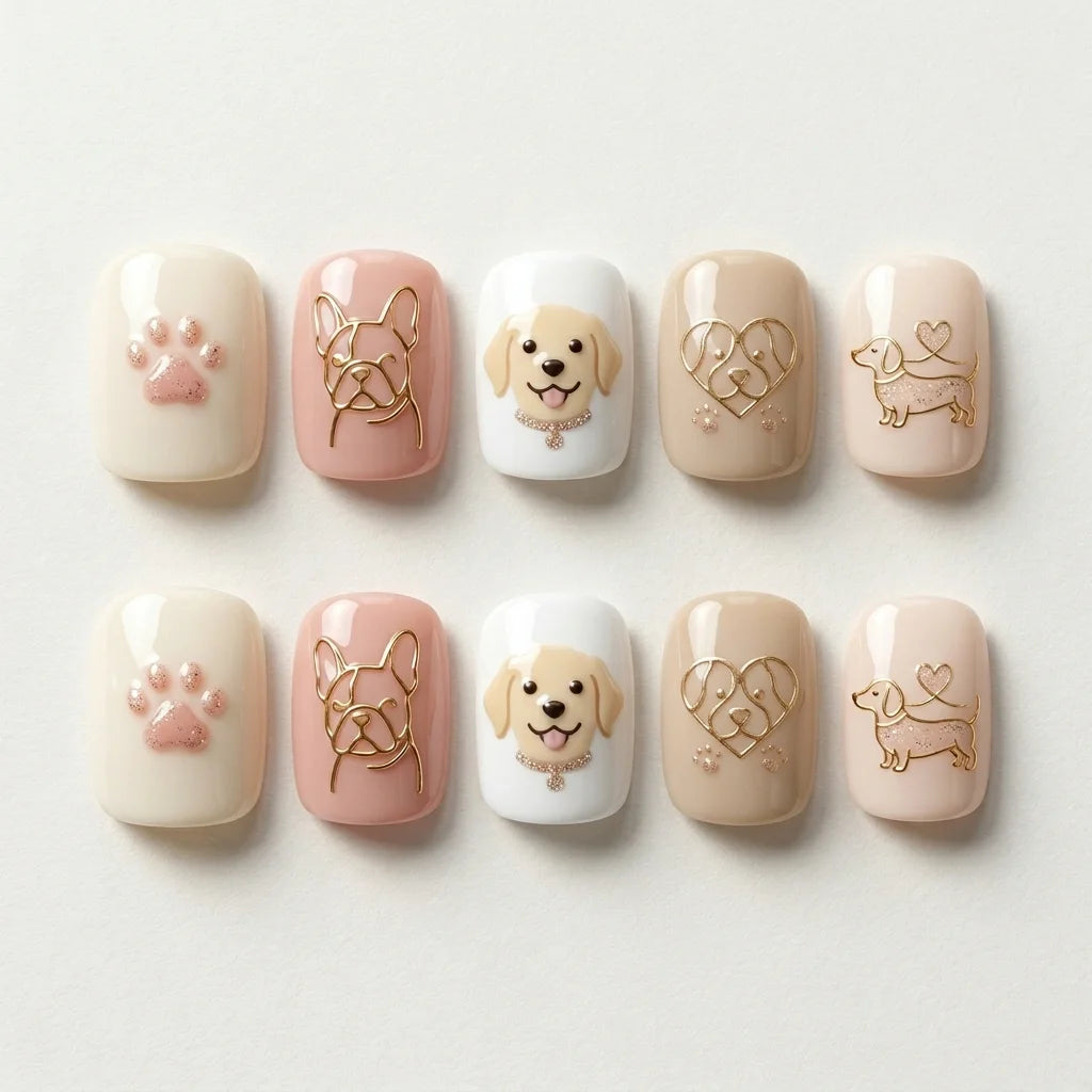 blush white beige 3d square short press on nails dog silhouette heart detail 01