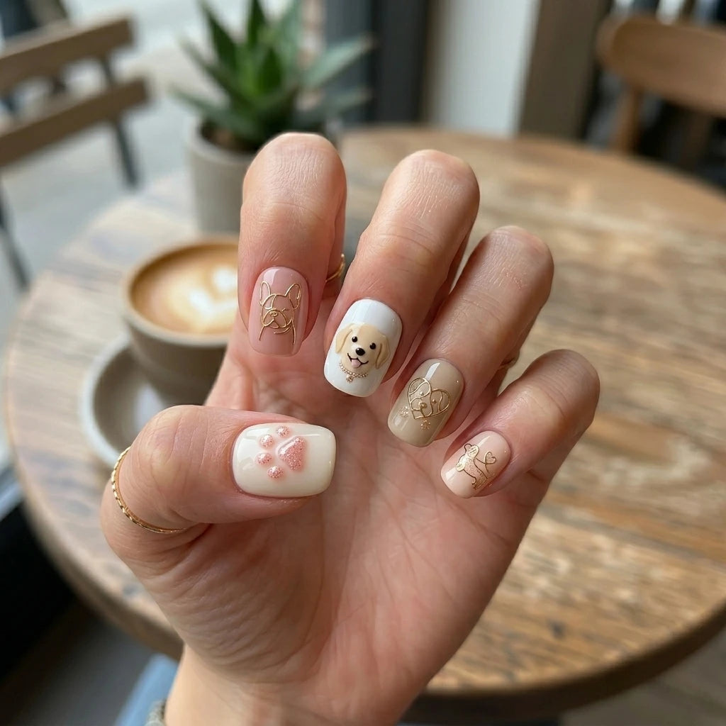 blush white beige 3d square short press on nails dog silhouette heart lifestyle 01