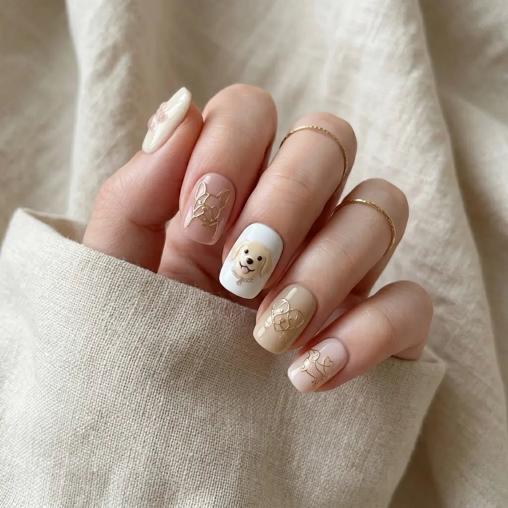 blush white beige 3d square short press on nails dog silhouette heart mockup 01