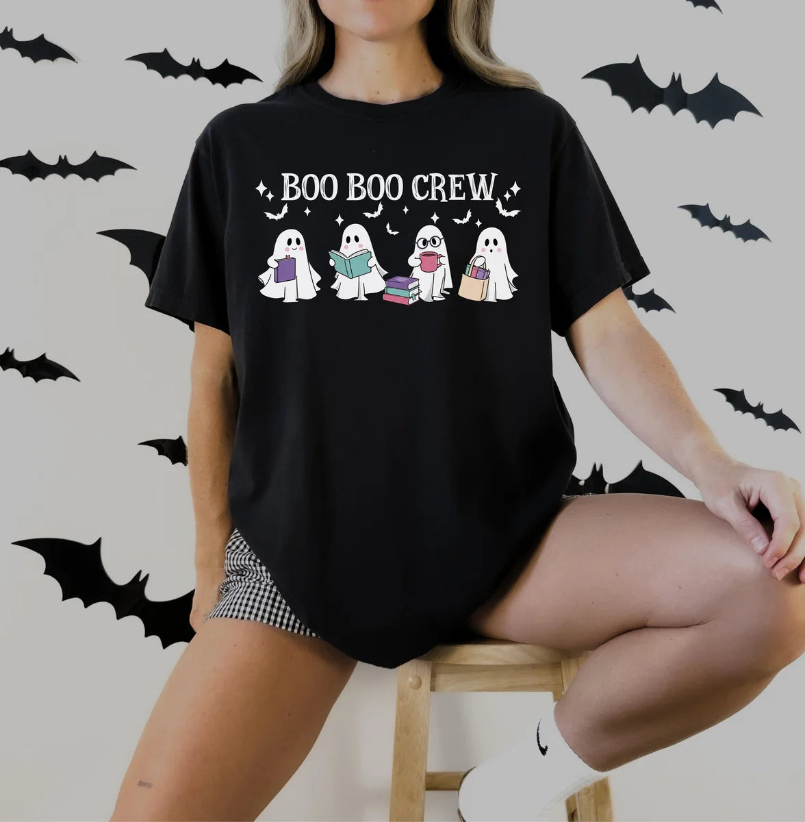 Bookish Halloween graphic Comfort Colors T-shirt, additional product photograph.
