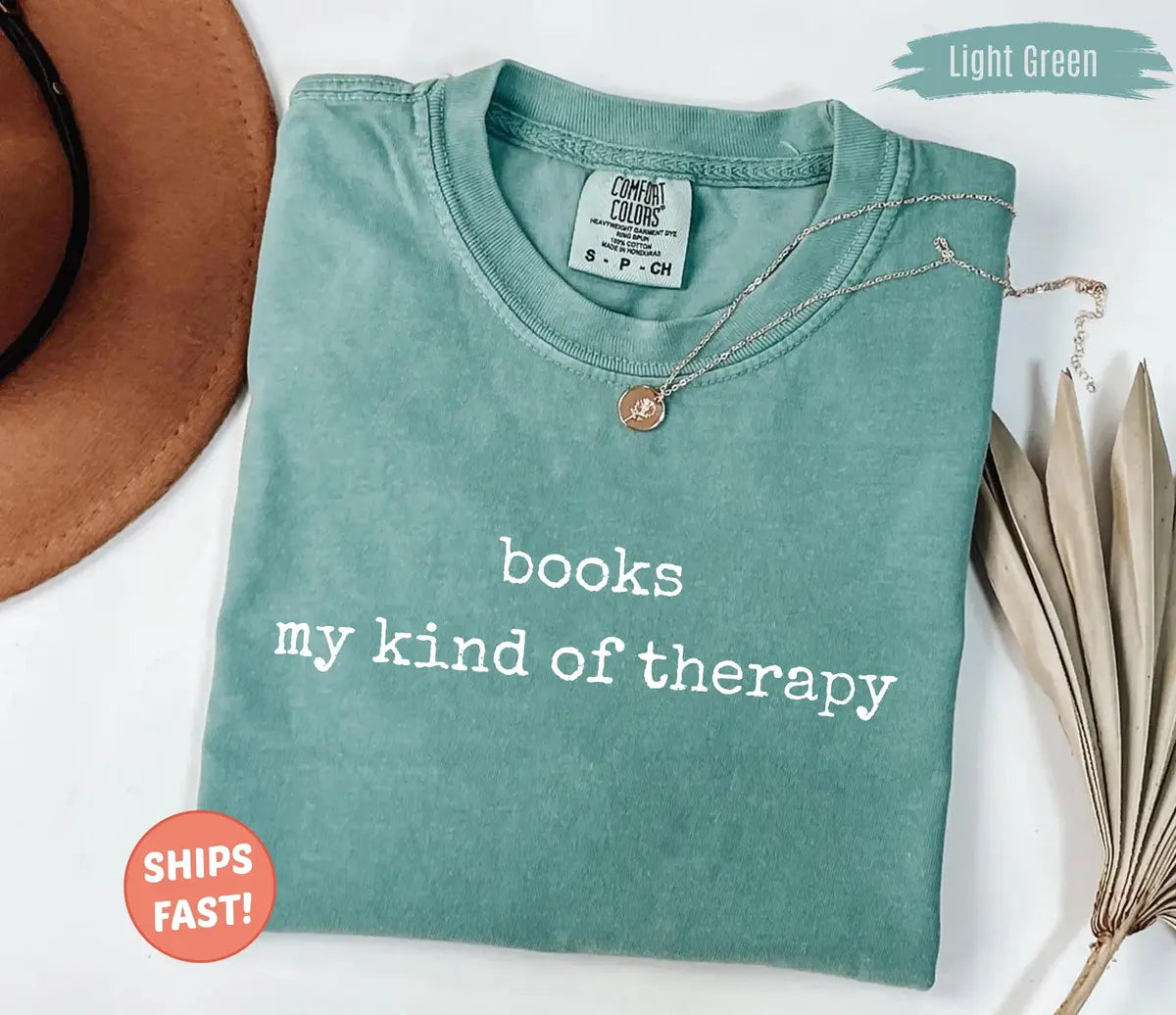 Books Are My Kind Of Therapy graphic Comfort Colors T-shirt, additional product photograph.