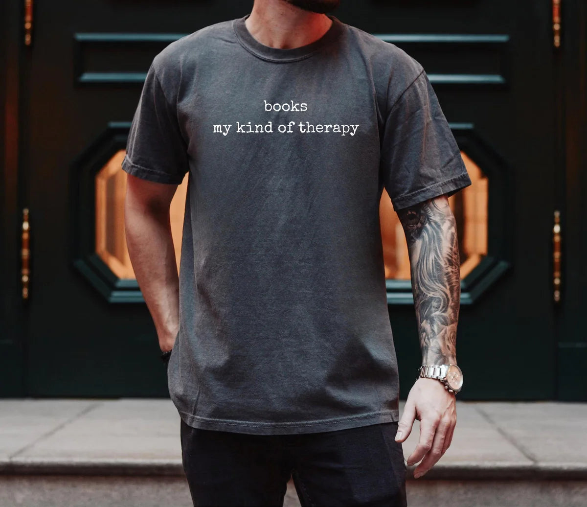 Comfort Colors T-shirt with Books Are My Kind Of Therapy book-themed design; model photo.
