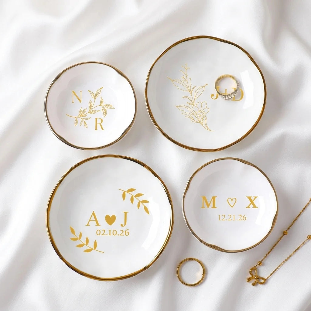 Personalized botanical branch engagement ring dish in gift packaging