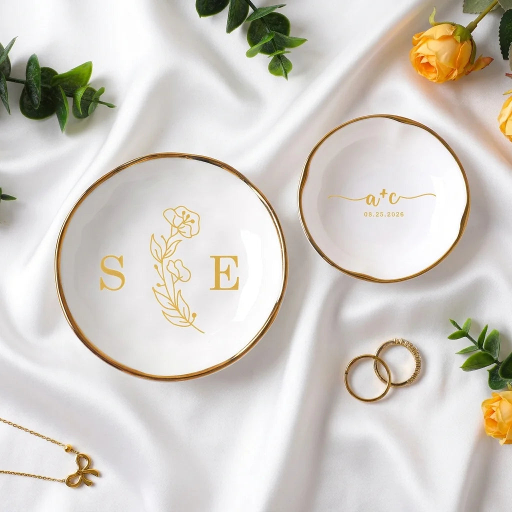Gold botanical branch engagement ring dish with white and yellow roses