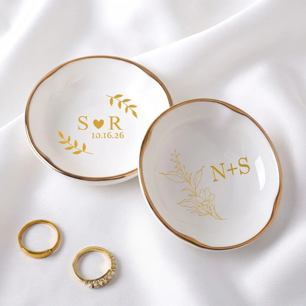 Personalized botanical branch ring dish with ring and gold necklace