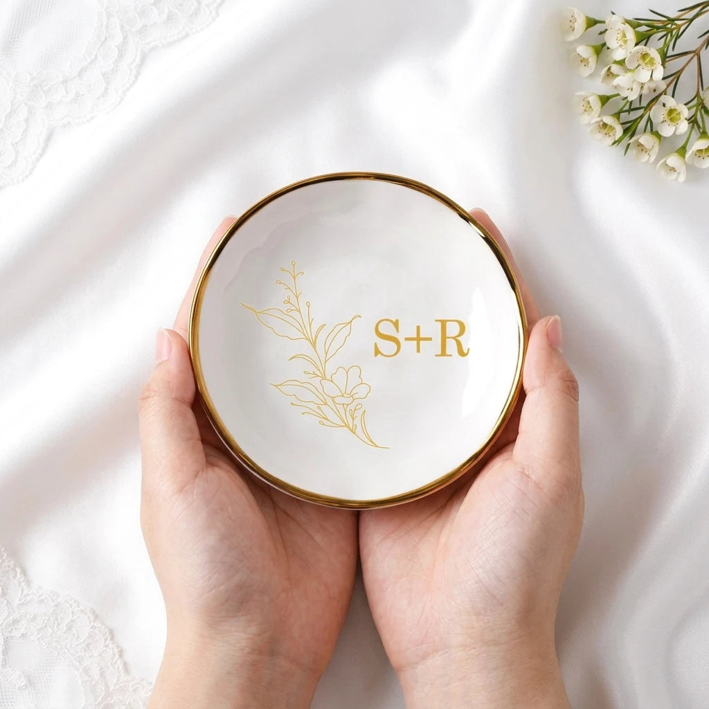 Gold botanical branch engagement ring dish flatlay on white cloth
