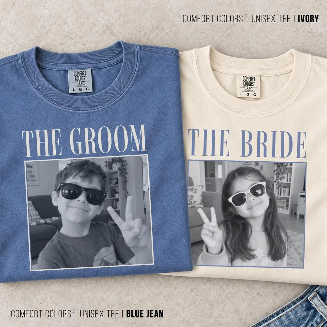 Flat Blue Jean and Ivory Comfort Colors tees reading the groom and the bride above framed black and white portraits