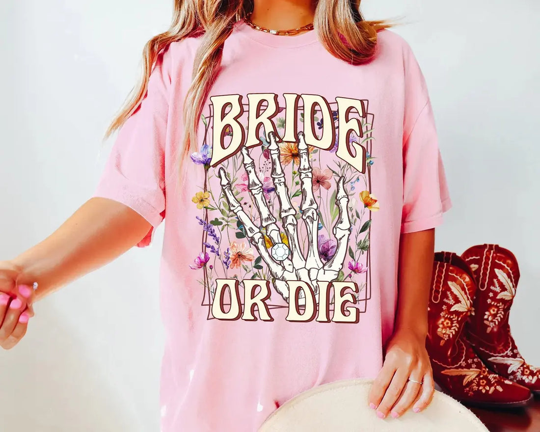 Bride Or Die - Custom Name - Wildflower Bachelorette Party Comfort Colors T-Shirt - Comfort Colors T-Shirt Mockup Image