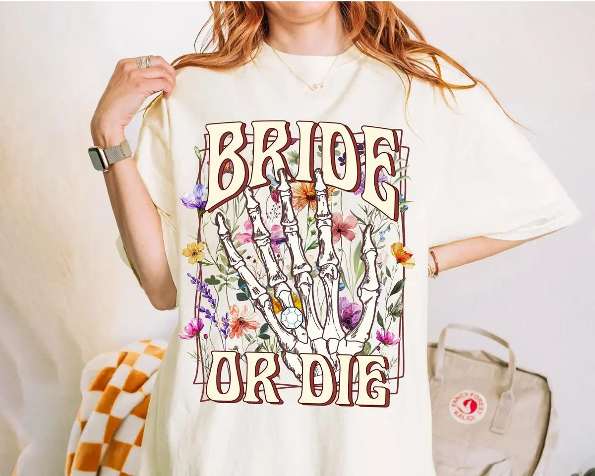 Bride Or Die - Custom Name - Wildflower Bachelorette Party Comfort Colors T-Shirt - Comfort Colors T-Shirt Mockup Image