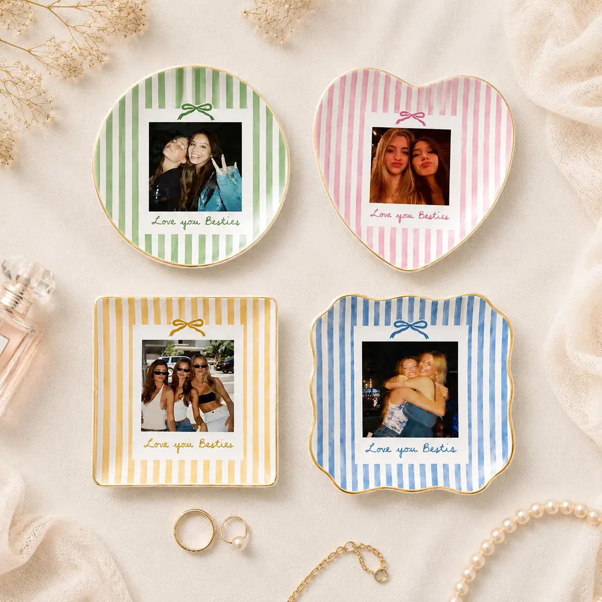 Custom photo bridesmaid ring dish displayed elegantly on wooden bedroom nightstand