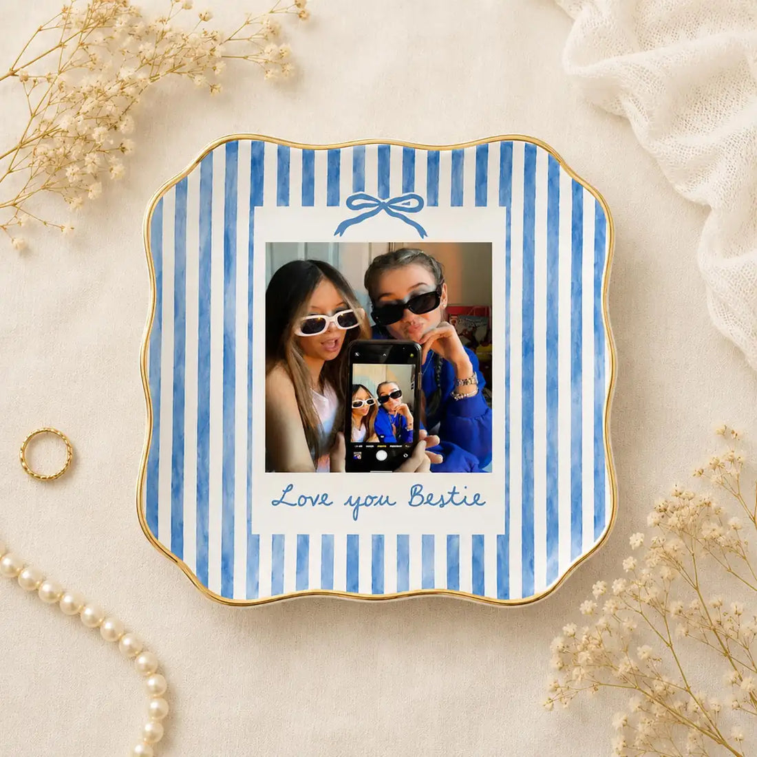 Custom photo bridesmaid ring dish displayed elegantly on wooden bedroom nightstand