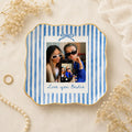 Custom photo bridesmaid ring dish displayed elegantly on wooden bedroom nightstand