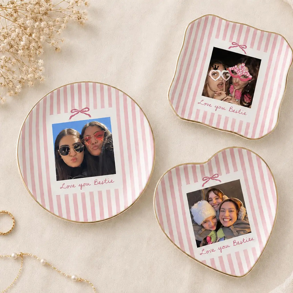 Custom photo bridesmaid ring dish displayed elegantly on wooden bedroom nightstand