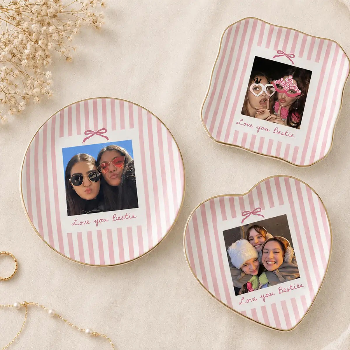 Custom photo bridesmaid ring dish displayed elegantly on wooden bedroom nightstand