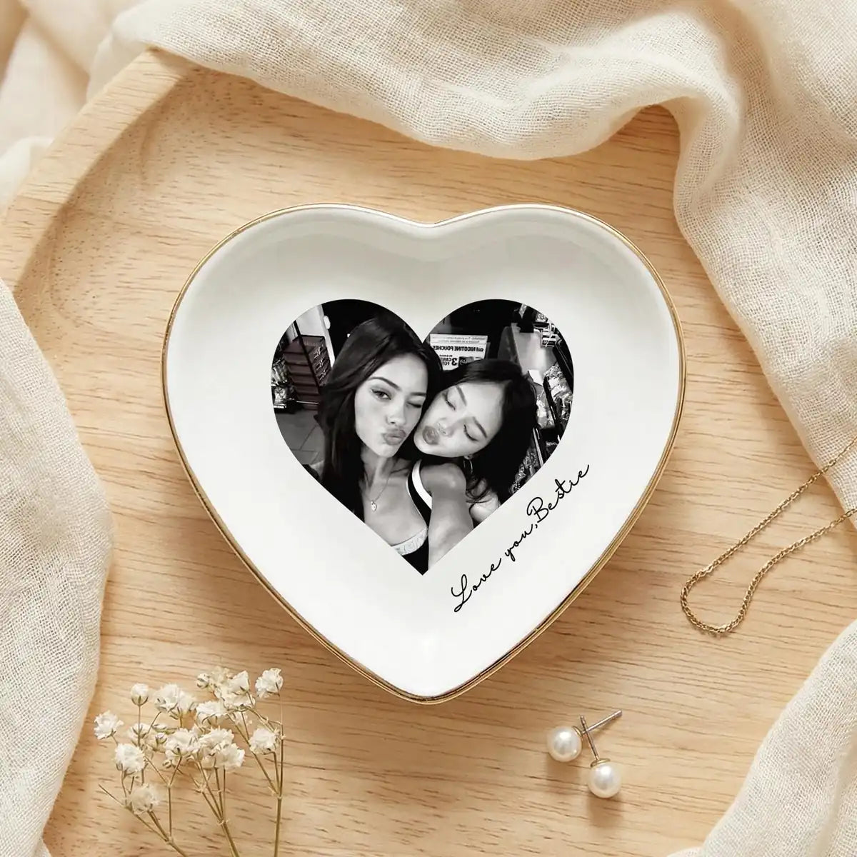 Personalized ceramic ring dish with custom photo and text for bridesmaid, main front view