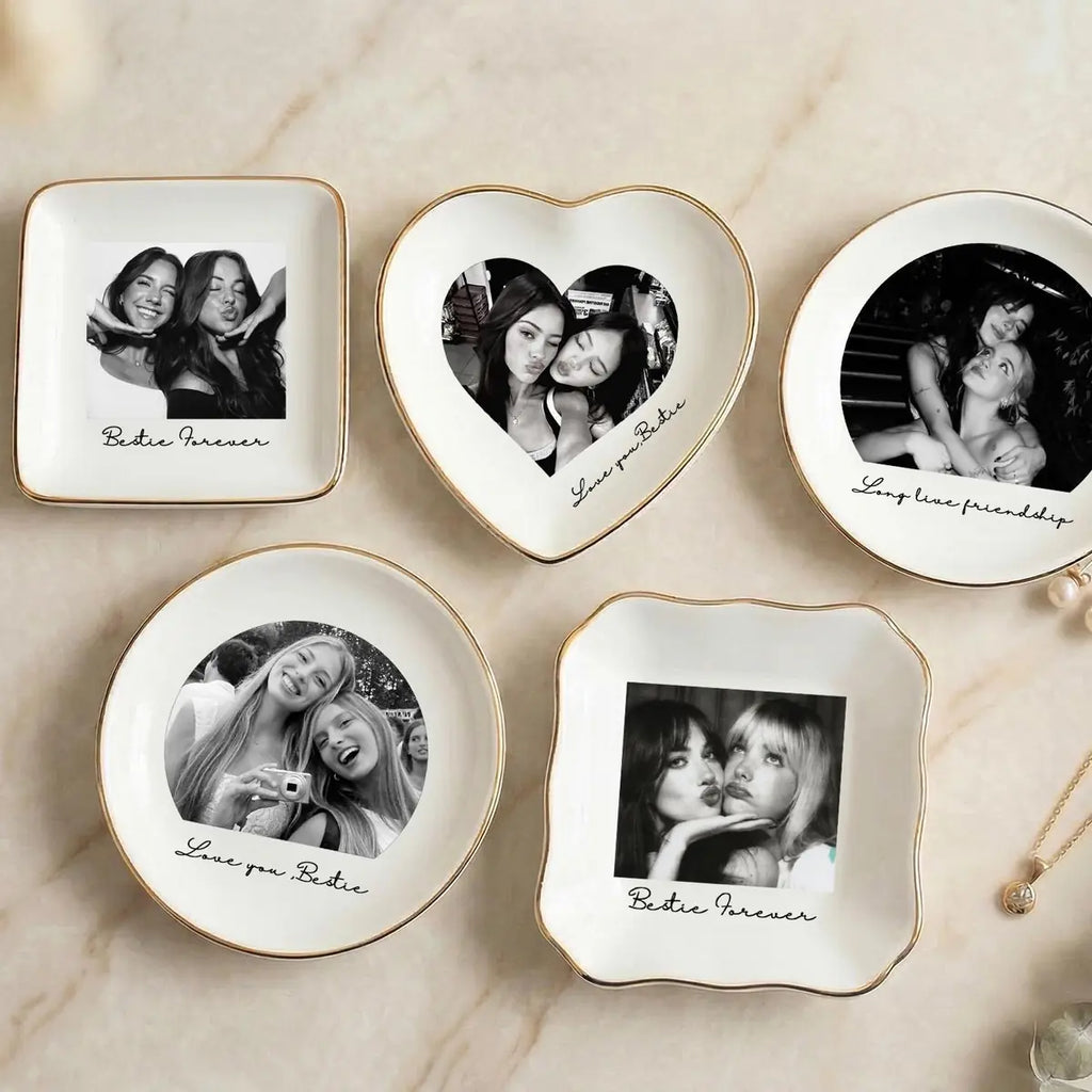 Personalized ceramic ring dish with custom photo and text for bridesmaid, main front view