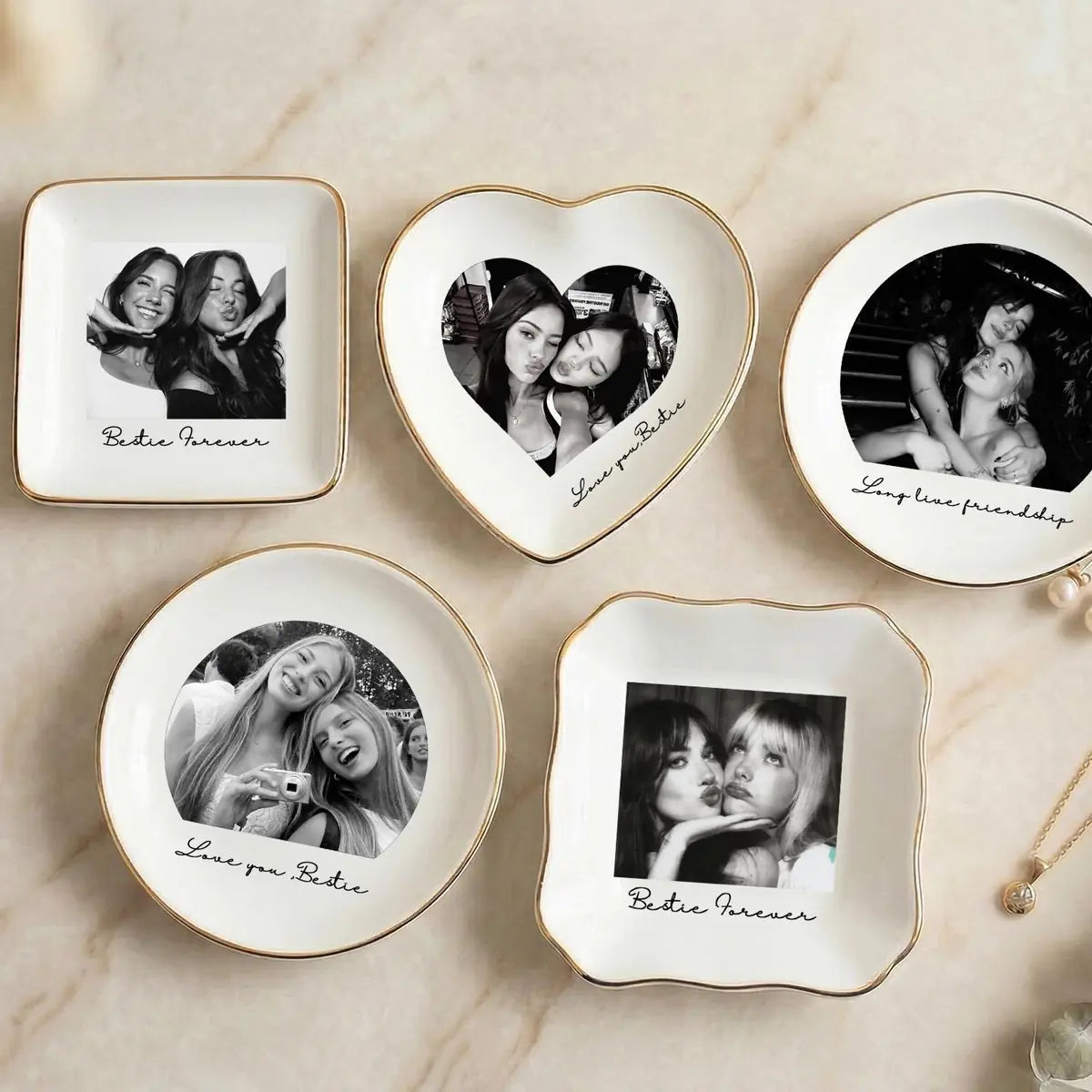 Personalized ceramic ring dish with custom photo and text for bridesmaid, main front view