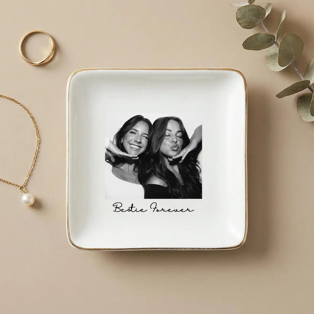 Custom photo bridesmaid ring dish displayed elegantly on wooden bedroom nightstand