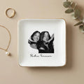 Custom photo bridesmaid ring dish displayed elegantly on wooden bedroom nightstand