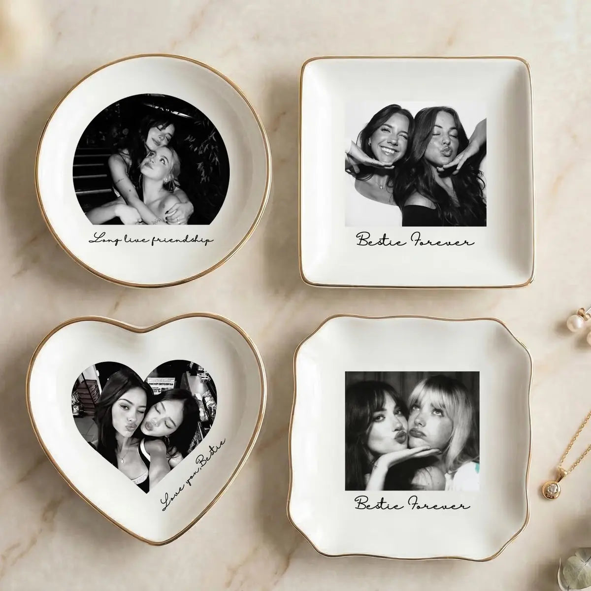 Custom photo bridesmaid ring dish displayed elegantly on wooden bedroom nightstand