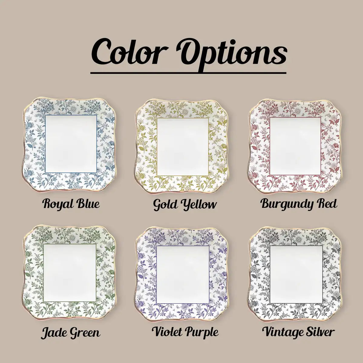 Color options chart showing available color choices for personalized bridesmaid ceramic jewelry dish