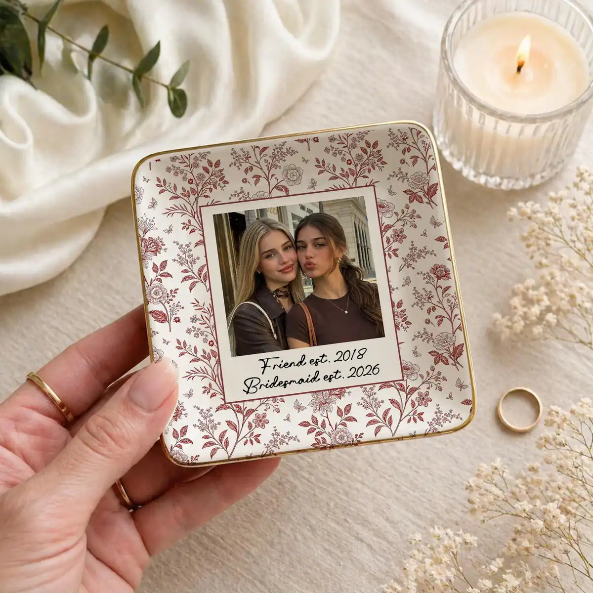 Personalized ceramic ring dish with custom photo and text for bridesmaid, main front view
