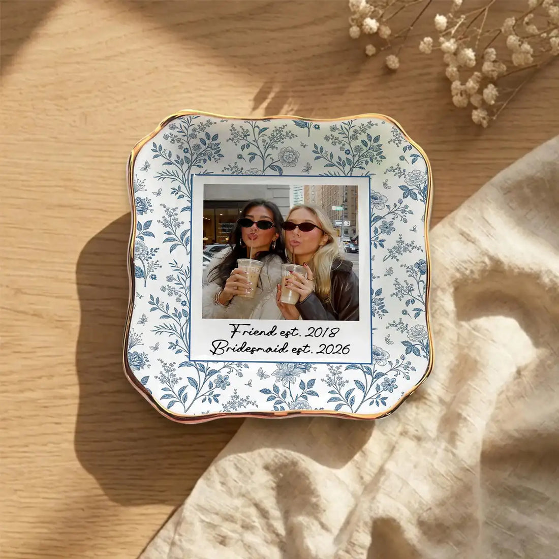Personalized ceramic ring dish with custom photo and text for bridesmaid, main front view