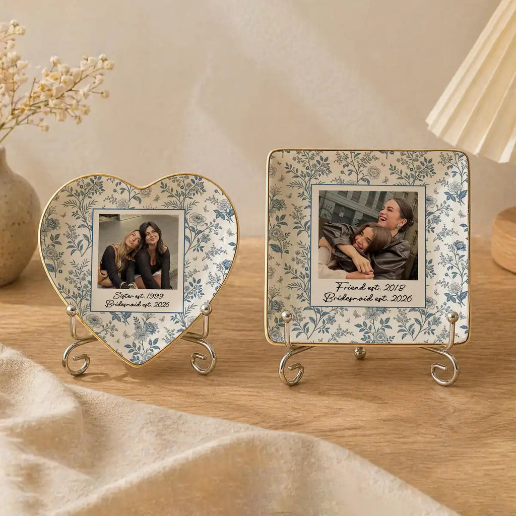 Custom photo bridesmaid ring dish displayed elegantly on wooden bedroom nightstand