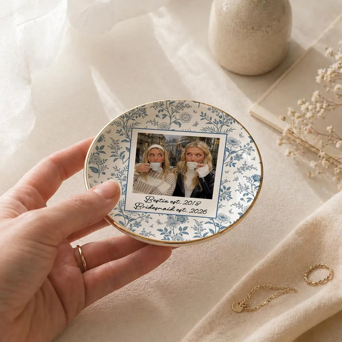 Personalized ceramic ring dish with custom photo and text for bridesmaid, main front view