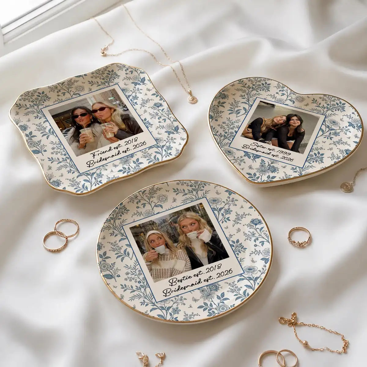 Custom photo bridesmaid ring dish displayed elegantly on wooden bedroom nightstand