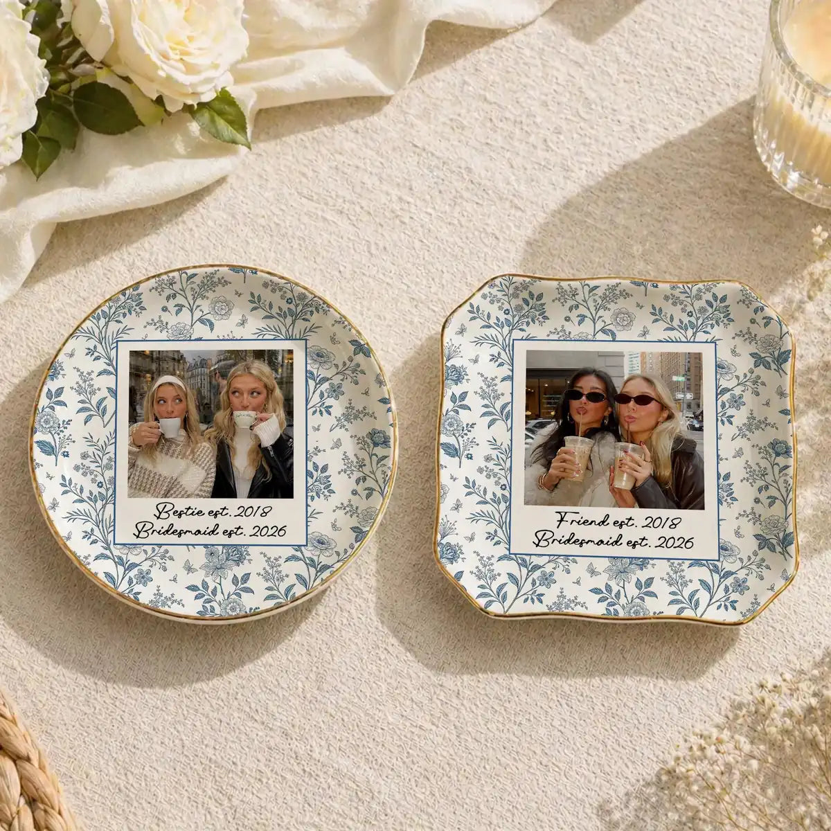Custom photo bridesmaid ring dish displayed elegantly on wooden bedroom nightstand