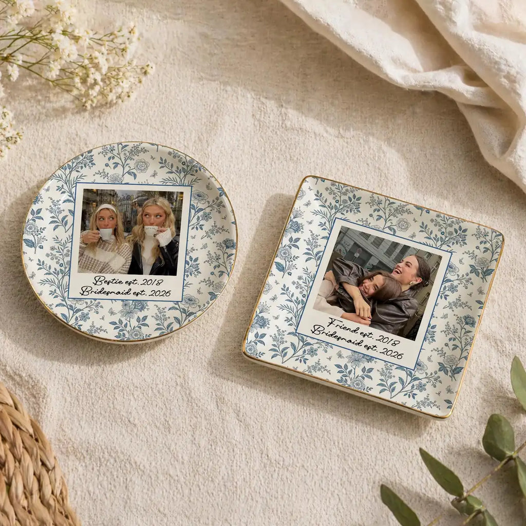 Custom photo bridesmaid ring dish displayed elegantly on wooden bedroom nightstand