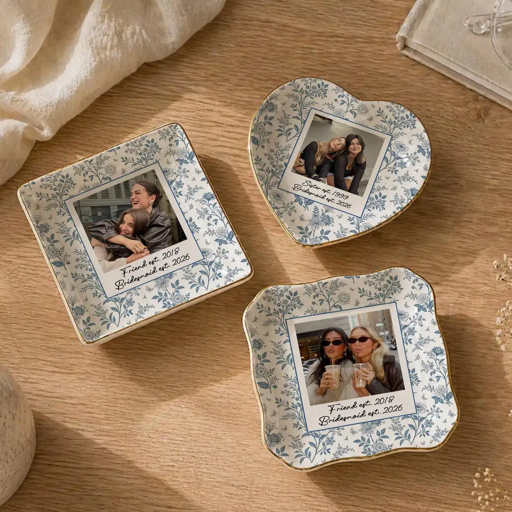 Custom photo bridesmaid ring dish displayed elegantly on wooden bedroom nightstand