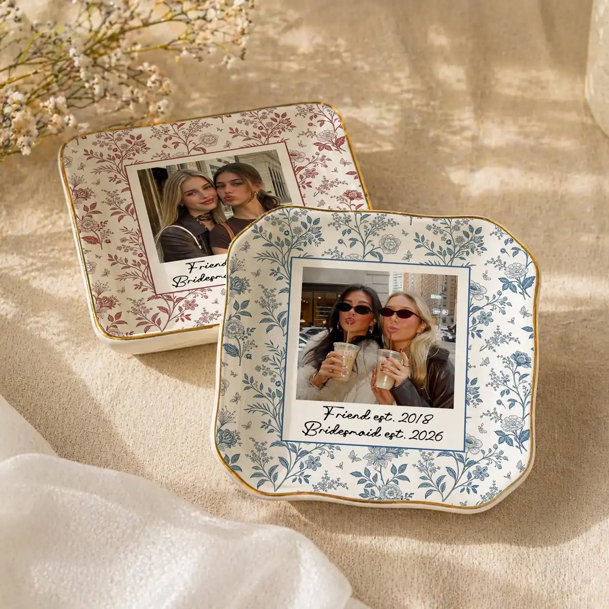 Custom photo bridesmaid ring dish displayed elegantly on wooden bedroom nightstand