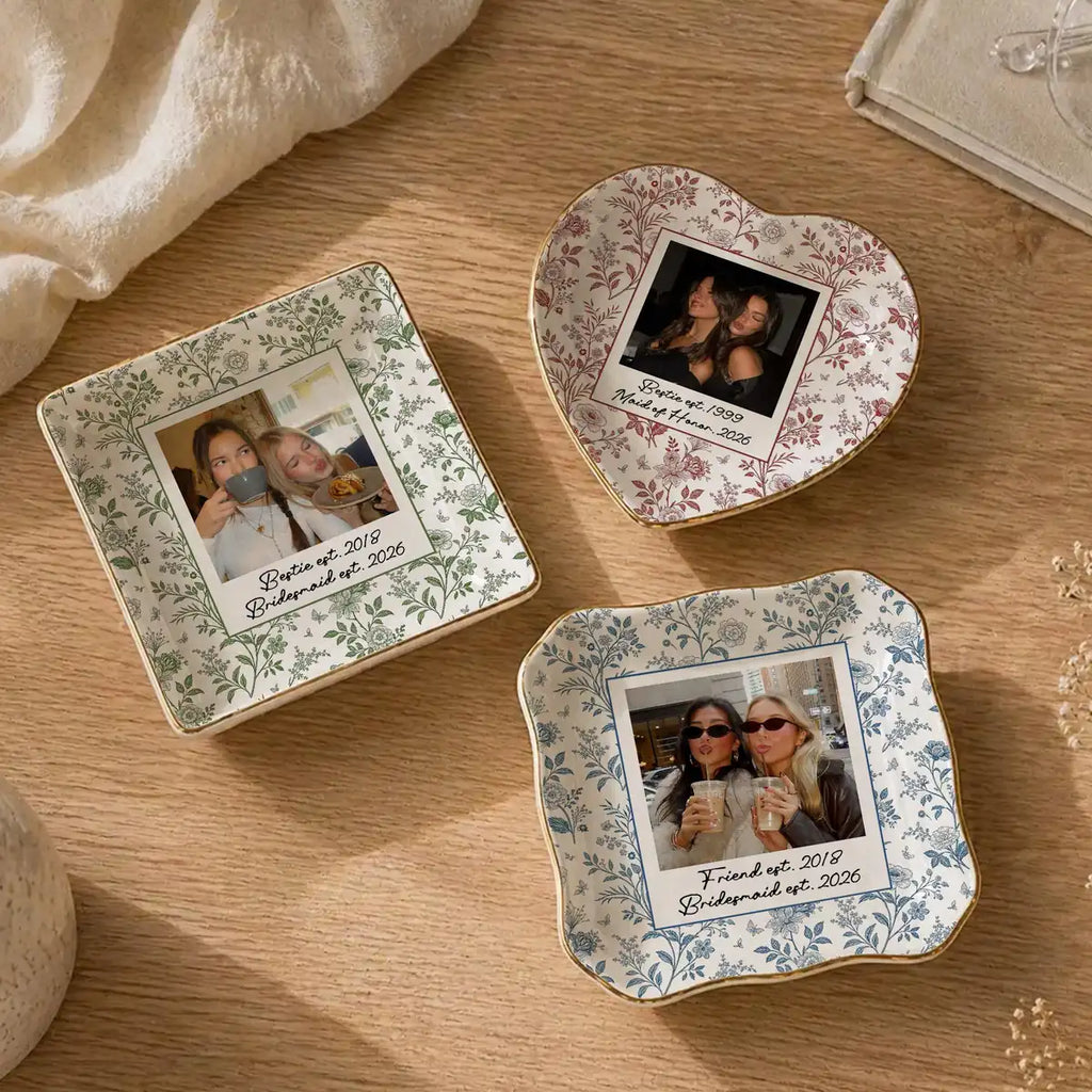 Custom photo bridesmaid ring dish displayed elegantly on wooden bedroom nightstand