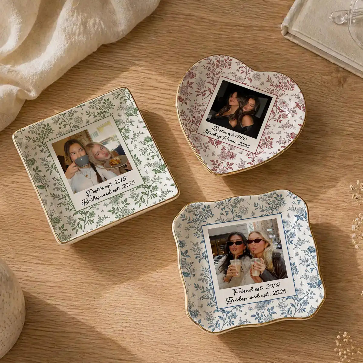 Custom photo bridesmaid ring dish displayed elegantly on wooden bedroom nightstand