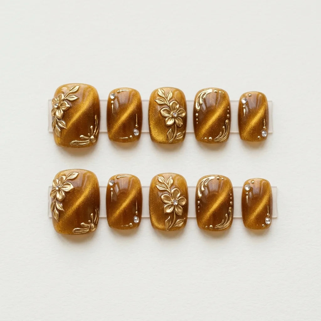 bronze gold 3d cat eye square short press on nails flower swirl rhinestone flat lay 04