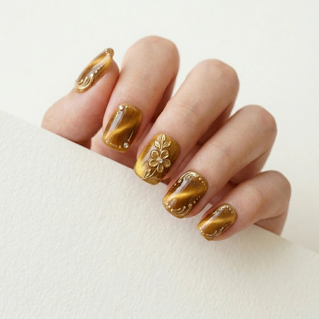 bronze gold 3d cat eye square short press on nails flower swirl rhinestone lifestyle 02