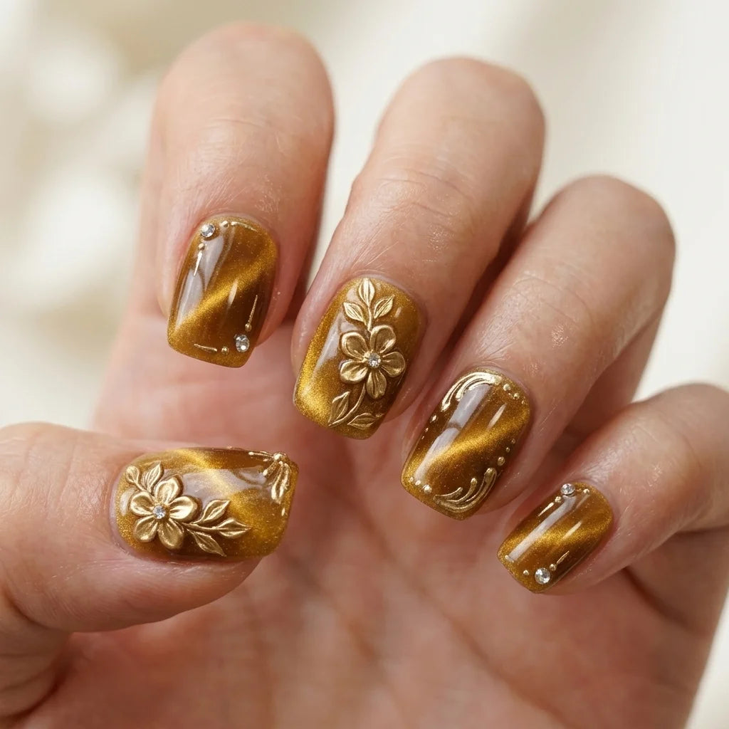 bronze gold 3d cat eye square short press on nails flower swirl rhinestone lifestyle 03