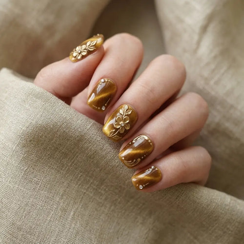 bronze gold 3d cat eye square short press on nails flower swirl rhinestone mockup 01