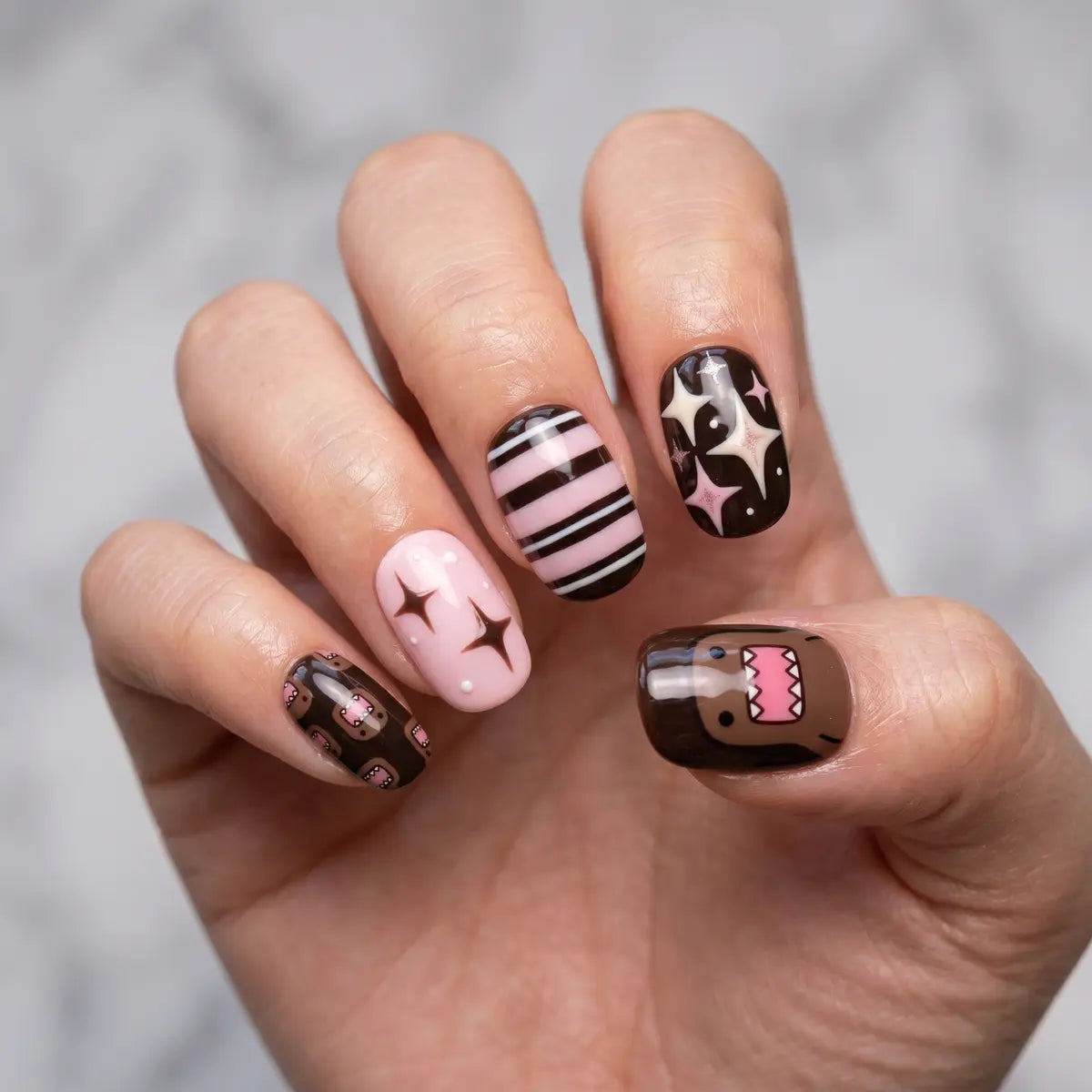 brown black pink hand painted oval short press on nails domo star stripe lifestyle 02
