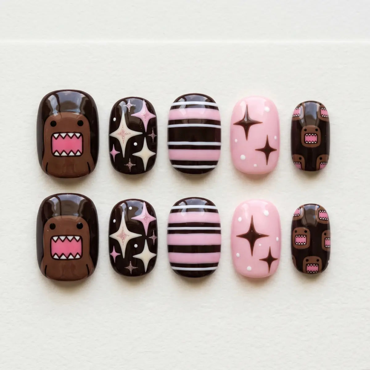 brown black pink hand painted oval short press on nails domo star stripe mockup 01