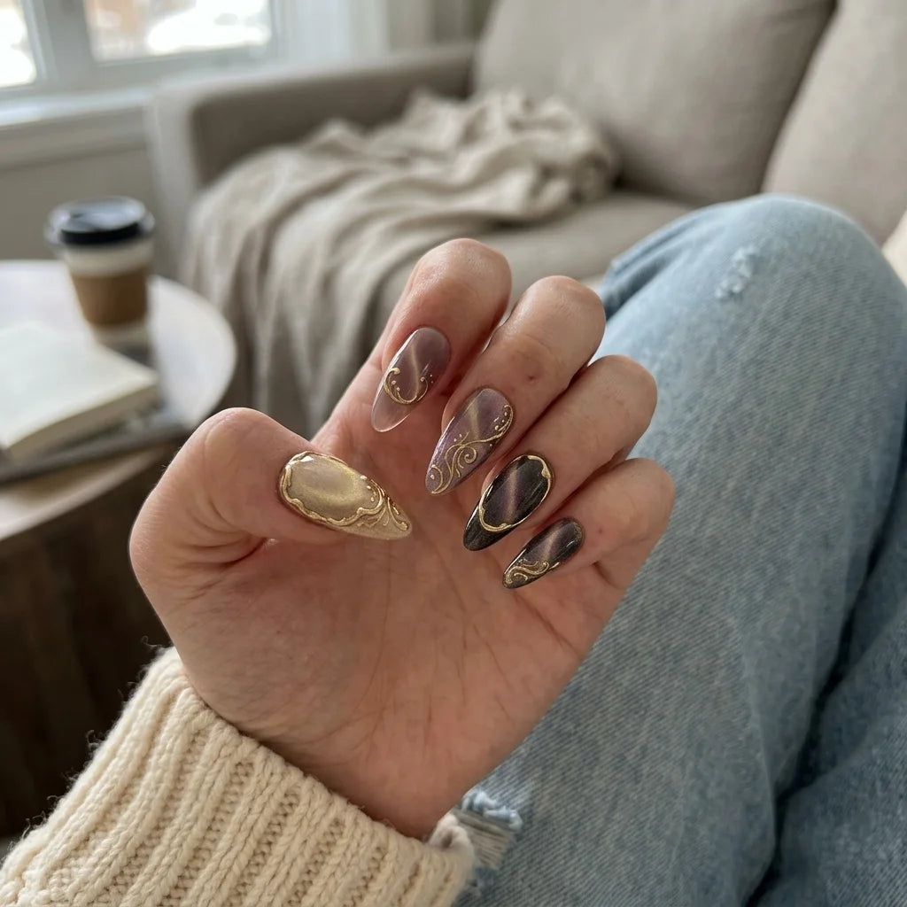 brown cat eye almond medium press on nails gold swirl flat lay 01