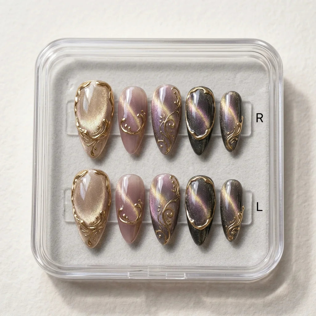 brown cat eye almond medium press on nails gold swirl mockup 01