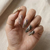 brown cat eye almond medium press on nails gold swirl mockup 02