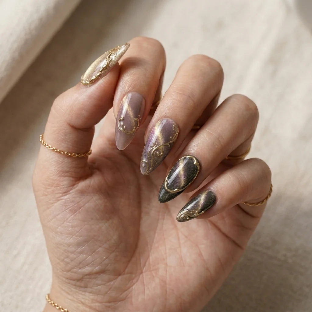 brown cat eye almond medium press on nails gold swirl mockup 02