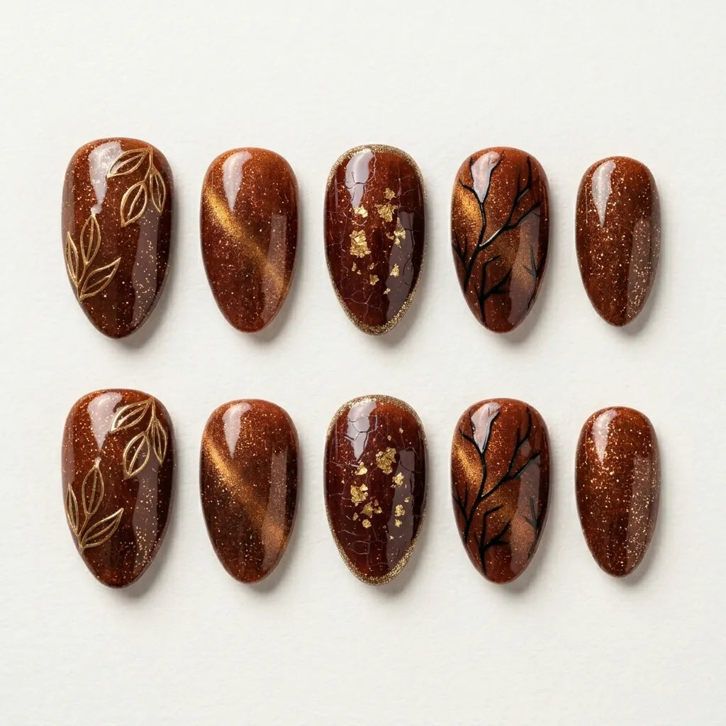brown gold 3d cat eye almond press on nails leaf branch gold glitter flat lay 01
