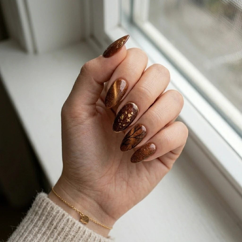 brown gold 3d cat eye almond press on nails leaf branch gold glitter lifestyle 01
