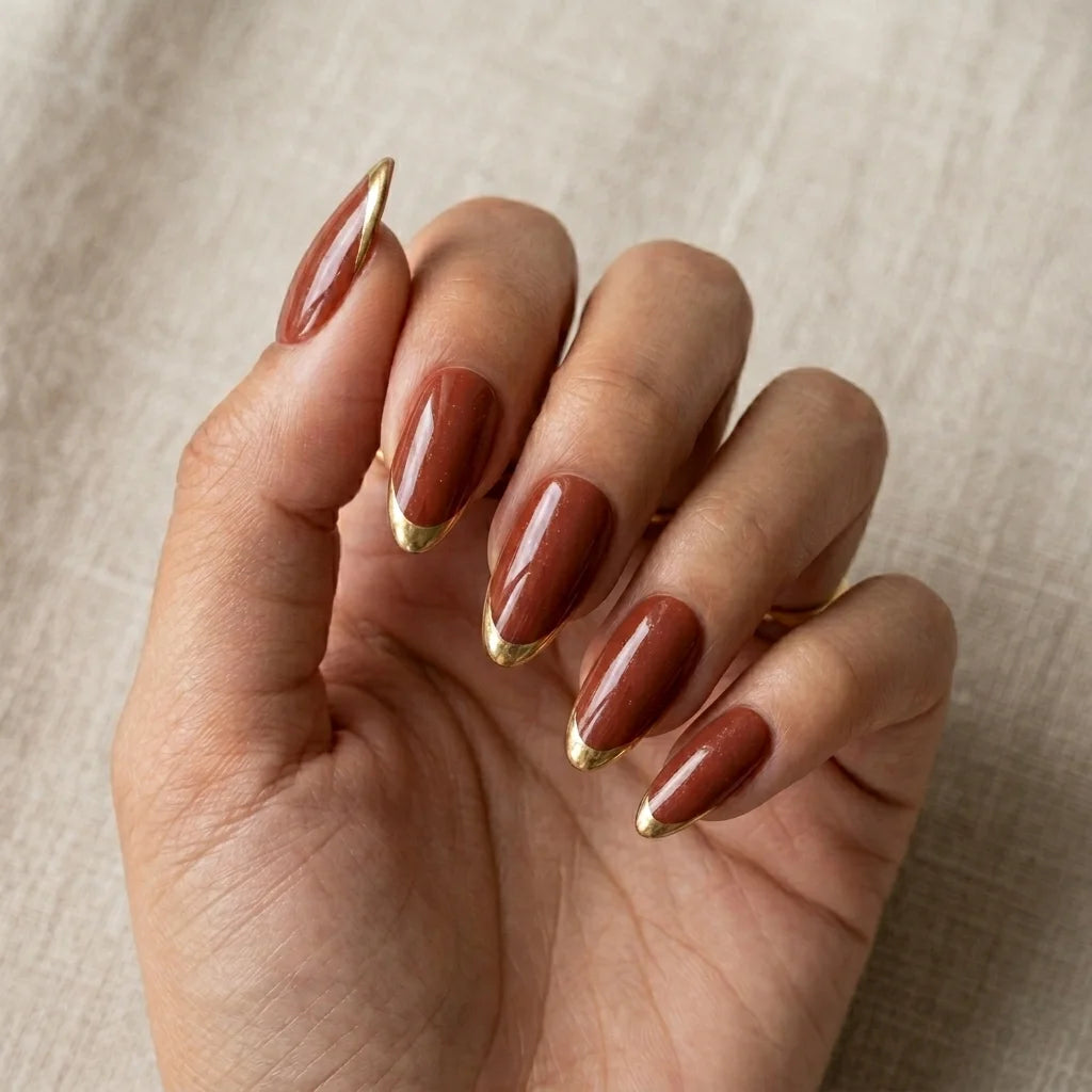 brown gold chrome french tip almond press on nails glossy detail 01