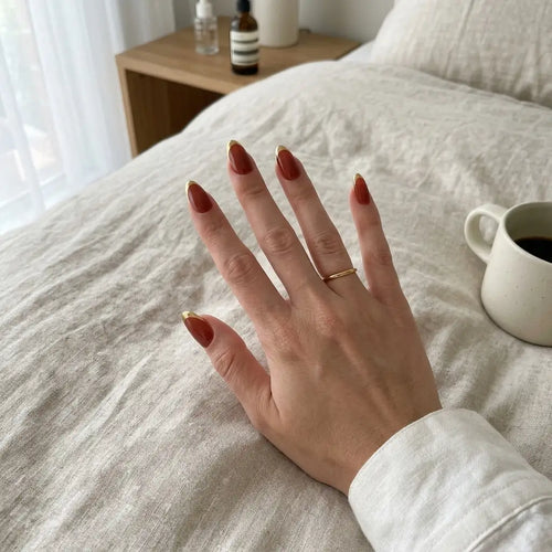 brown gold chrome french tip almond press on nails glossy lifestyle 01